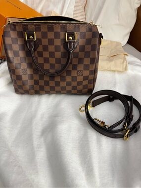 Louis Vuitton Brown Damier Ebene Satchel with Gold Hardware
